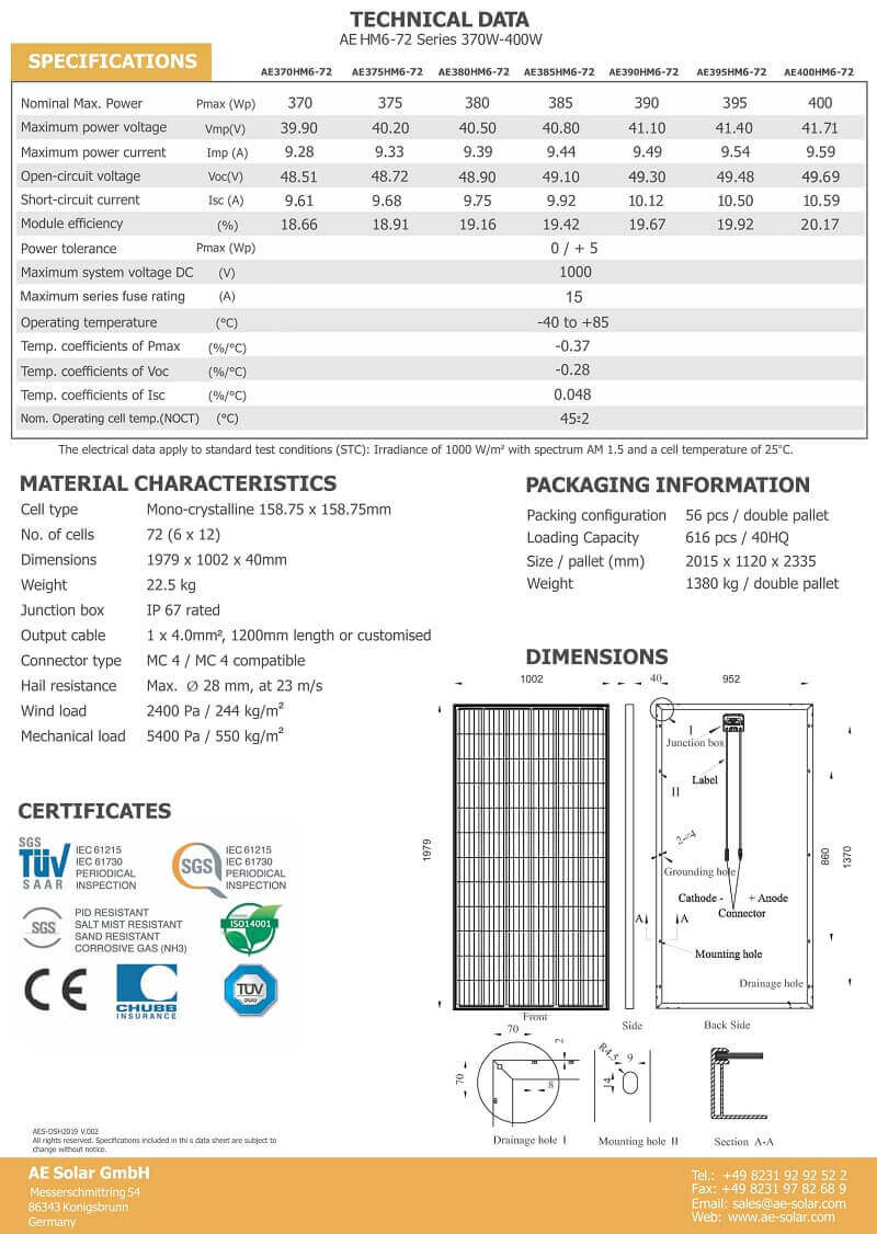 Datasheet tấm pin AE 400w